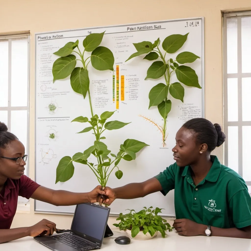 Prompt: two African biology students disusing plant nutrition in the biology lab having the diagram of plant taking nutrient from the sun in the chat on the wall  