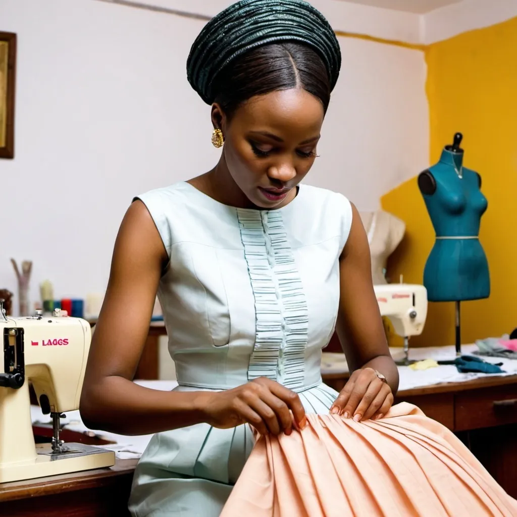 Prompt: "Create an image that visually explains African fashion designer sewing techniques of tucks, pleats, and smocking in an African context. ." in Lagos Nigeria