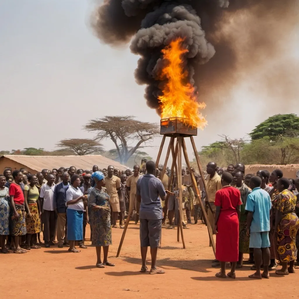 Prompt: A scene showing a fire being lit as a signal, with people in the background noticing and responding to the signal." in Africa a rural area