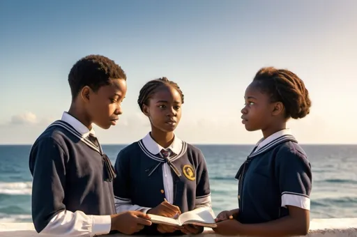 Prompt: (African Teacher explaining Transatlantic Slavery), two African students in school uniform, standing by the Atlantic Ocean, serene backdrop, (historical context), warm sunlight illuminating the scene, emphasizing the deep discussion, vibrant sea colors, difficult yet important subject matter, focusing on education and legacy, professional and respectful ambiance, ultra-detailed, high-quality representation.