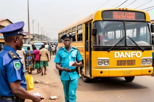 Prompt: A police officer standing beside a public bus (known as a 'danfo') with his hand stretched out, accepting money from the driver.
Setting:

The backdrop should be a busy Lagos street, with typical yellow danfo buses, motorcycles, and pedestrians.
Include familiar landmarks or signage to indicate it’s Lagos.
Details:

The police officer should be in uniform, looking around to ensure no one is watching.
The bus driver should appear reluctant but resigned, handing over a small wad of cash.
Background Elements:

Other danfo buses and cars caught in traffic, with some drivers observing the exchange.
Street vendors selling goods along the roadside, adding to the hustle and bustle of Lagos.
Billboards and signs in the background showcasing local advertisements and public service messages.
Atmosphere:

The scene should be vibrant and chaotic, capturing the essence of Lagos's lively streets.
Use bright colors to depict the environment, with contrasting tones for the characters to draw attention to the act of bribery.    
