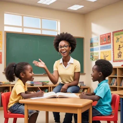 Prompt: Create a warm, inviting classroom scene where An African teacher introduces storytelling to two eager, diverse African students. The classroom should be filled with vibrant, creative elements that represent the magic and imagination of storytelling. caption of story telling on the wall in the background