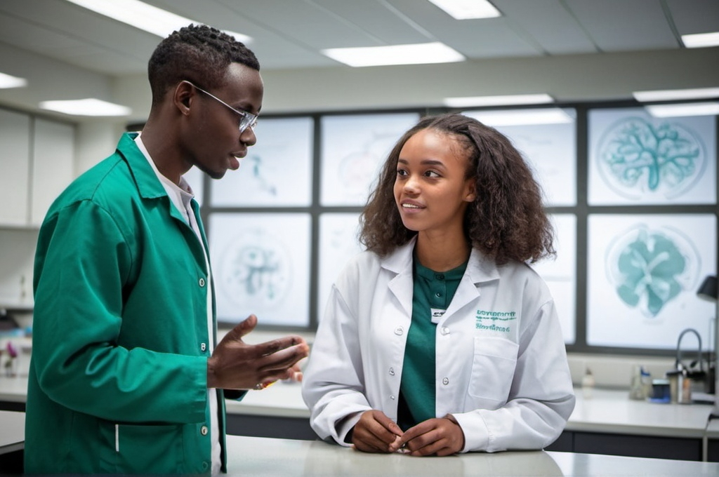 Prompt: two young African student male and female discussing Growth in the modern biology lab with a chat that illustrate Growth system at the wall and other biology  lab on a table wearing lab jacket


