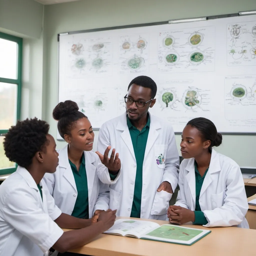 Prompt: African teacher in a modern biology lab explaining the concept of Ecosystem to two African biology students wearing lab jacket showing the diagram of Ecosystem
in a chat in the wall