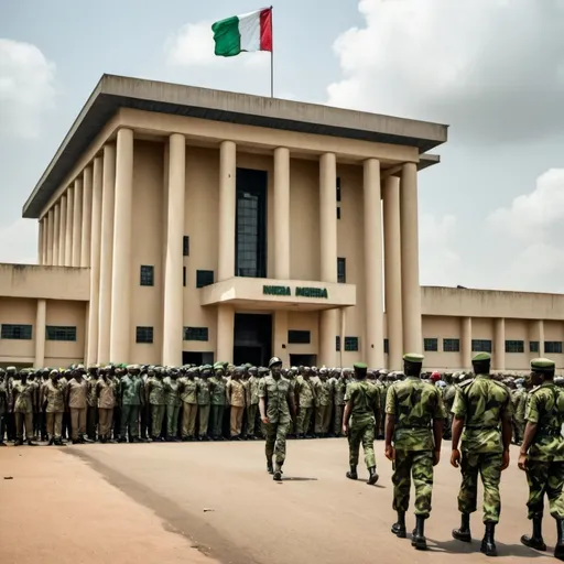 Prompt: "Depict a tense scene in Nigeria showing military personnel taking control of a government building, symbolizing a military intervention in politics. The image should include soldiers in uniform with weapons, political leaders being escorted or under duress, and a backdrop that represents a government setting in Nigeria, such as a Nigerian flag or the exterior of an official government building.