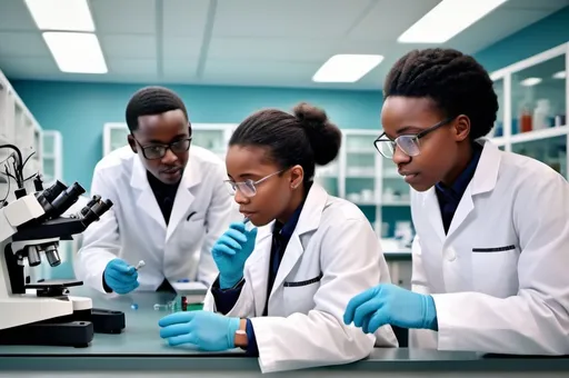 Prompt: ( African biology teacher Micro-Organisms
 to  young African students), 
in a modern biology lab, engaged in a deep conversation, (illustrative Micro-Organisms
) on the wall, (laboratory equipment) scattered on the table, both in (lab jackets), bright and clean environment, (energetic and collaborative atmosphere), crisp and detailed image, vibrant colors, (4K resolution), showcasing (scientific curiosity). student using microscope. 