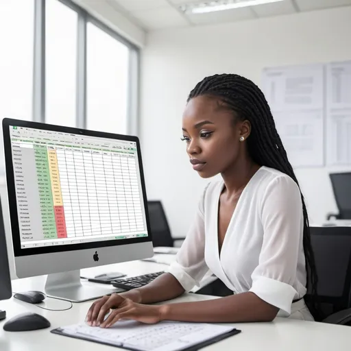 Prompt: Create an image representing a closure of an African  young woman typing using desktop in a modern office the screen display spreadsheet   ." in Africans Lagos Nigeria