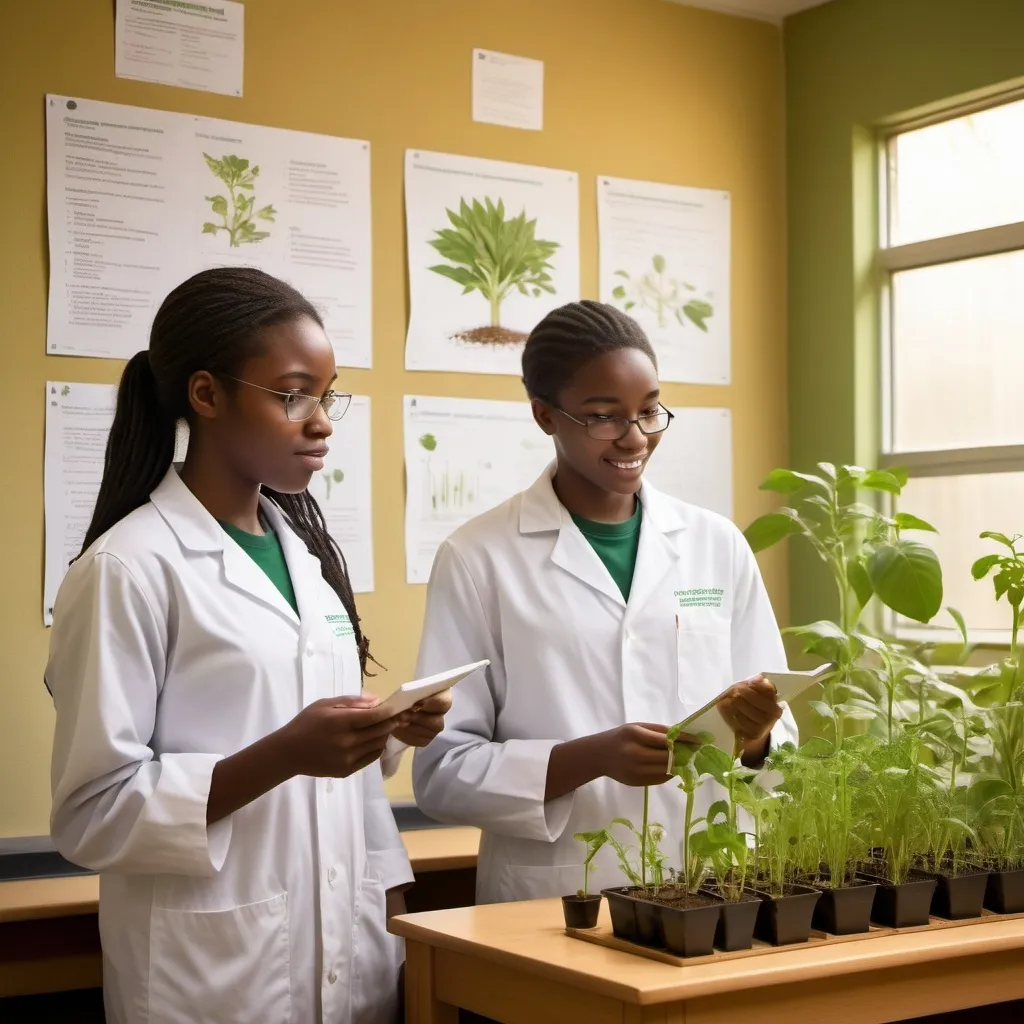 Prompt: two African biology students disusing plant nutrition in the biology lab having the diagram of plant taking nutrient from the sun in the chat on the wall  