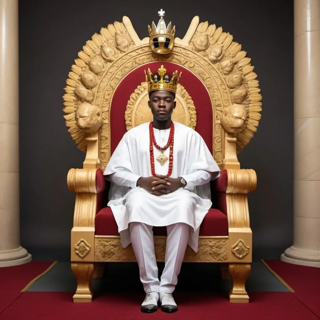 Prompt: Create an image representing the concept of monarchy. The scene should feature African (Nigeria) grand royal throne with an ornate crown placed on it, symbolizing authority and power. Surrounding the throne, include elements such as royal guards in traditional attire, a castle in the background, and flags bearing royal insignia. The atmosphere should exude regality, tradition, and a sense of continuity, with the monarch depicted in a stately manner, perhaps receiving homage from subjects or presiding over a formal court." in African Nigeria
 