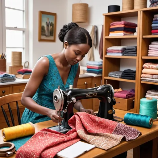 Prompt: Create an image that illustrates the production of clothing and household articles or crafts. Depict a well-organized workspace with various materials like fabric, yarn, and sewing tools. Show An African young woman sewing a piece of clothing on a sewing machine, while another individual is crafting a household item, such as a decorative cushion or a handwoven basket. Surround the workspace with finished products like colorful clothing, quilts, and handmade crafts to emphasize the creative and productive atmosphere."