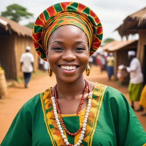 Prompt: Description: Illustrate a person in traditional Nigerian attire smiling warmly, symbolizing friendliness, joy, or approval.
Elements: Smiling faces, traditional clothing, a cultural setting (e.g., village, market, festival), warm lighting, and natural background. in African

