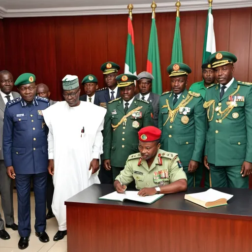 Prompt: Central Figures: Show a transition from military to civilian rule, with Nigerian leaders from the 1989 era (military officials in uniforms) handing over a document labeled '1989 Constitution' to civilian leaders in 1999, who are holding a document labeled '1999 Constitution of Nigeria.'