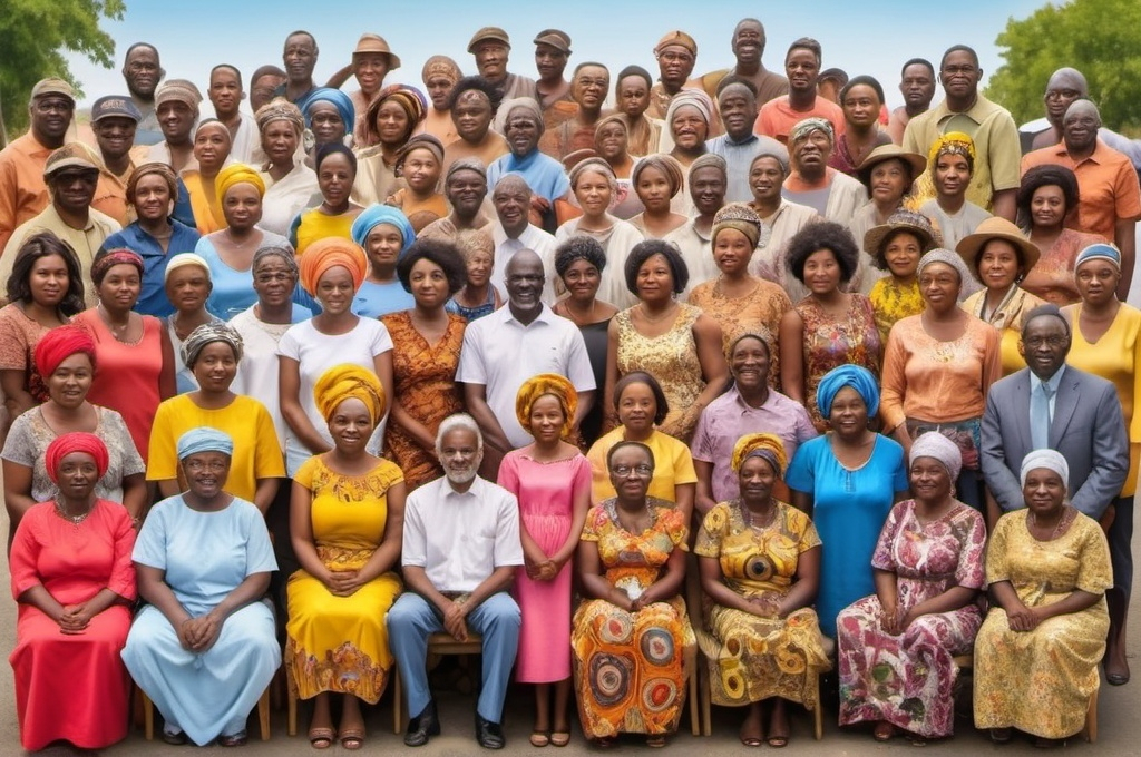 Prompt: Depict a large group of diverse people of various ages, ethnicities, and professions, symbolizing the human population. Arrange them in a way that emphasizes community and the concept of population as a collective in 
africa