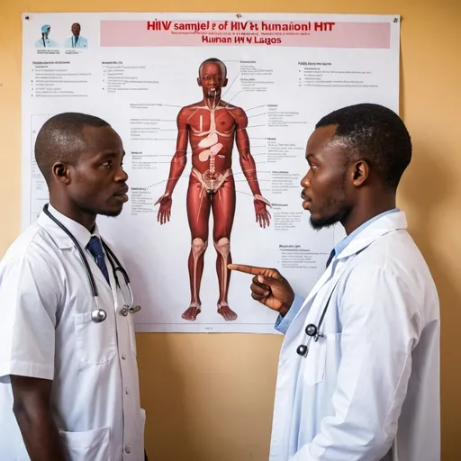 Prompt: young African doctor points to a diagram of the human body explaining HIV to a patient. stay safe in the wall background in Lagos Nigeria

