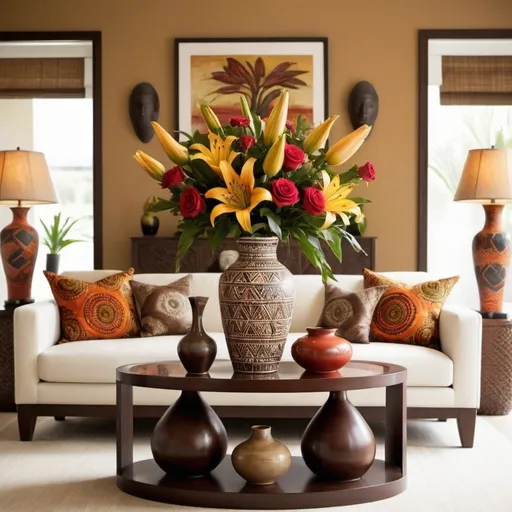 Prompt: "Create an image depicting beautiful flower arrangements in a modern African home. Show a living room with elegant vases filled with vibrant flowers like lilies, roses, and sunflowers. Include traditional African pottery used as vases, blending modern design with cultural elements. Display these floral arrangements on a coffee table, side tables, and a dining table, highlighting how they bring warmth and elegance to the space. The setting should feature contemporary furniture with African-inspired decor, creating a harmonious balance between tradition and modernity."
