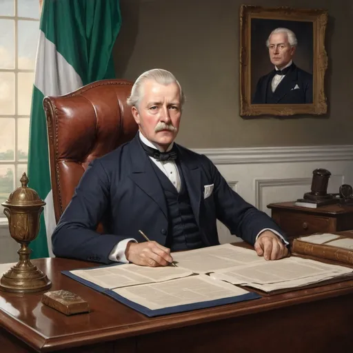 Prompt: Depict Sir John Macpherson, the British colonial governor, seated at a table with the Macpherson Constitution document prominently displayed before him. His expression should be one of focus, symbolizing the importance of the document in Nigeria's constitutional development. 
Background: Include a colonial-era government building in the background, with British and Nigerian flags symbolizing the transition from colonial rule to self-governance. In the foreground, incorporate elements like maps, historical documents, and the scales of justice, representing the legal and political significance of the Macpherson Constitution."