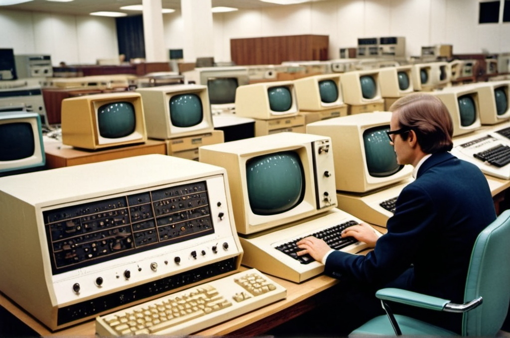 Prompt:  the third generation (1960s-1970s) with integrated circuits, including computers like the IBM System/360, and the introduction of keyboards and monitors just the image with no person pictures