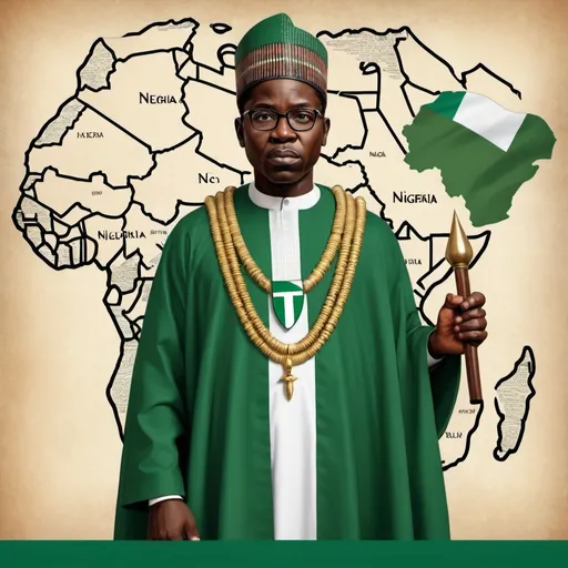 Prompt: "Create an image representing the concept of 'Sovereignty.' Depict a powerful African leader, standing confidently with the map of Nigeria, holding a scepter symbolizing authority and control. Surround the leader with symbols of governance, such as a flag, the constitution, and the Nigerian coat of arms. I