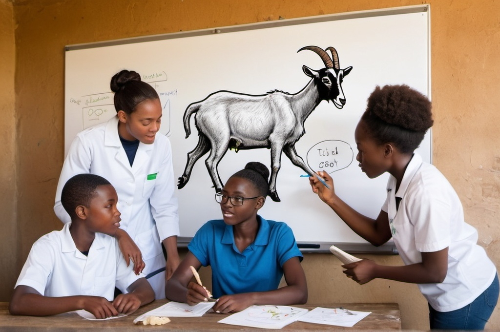 Prompt: African biology teacher illustrating Nutrition in Animals
 in the biology lab to two young African biology student  male and female and the diagram of   a goat eating in the field in a chat in the wall 

