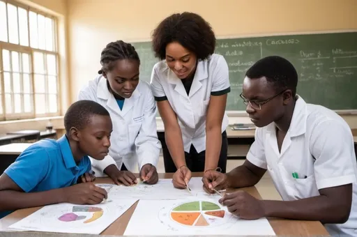 Prompt: African biology teacher illustrating Modes of Nutrition
 in the biology lab to two young African biology student  male and female and the diagram of  Modes of Nutrition
 in a chat in the wall  other biology instrument around

