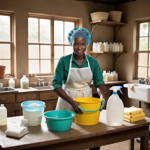 Prompt: Create an image illustrating the production of cleaning agents in a small-scale setting. Depict an African home or community workshop where individuals are mixing and preparing cleaning solutions. Show the use of common ingredients like soap, water, and natural disinfectants in clearly labeled containers. The workspace should include measuring tools, mixing bowls, and protective gear like gloves and aprons. The image should convey a sense of careful, methodical production, emphasizing the process of creating effective, homemade cleaning agents in a safe and organized environment."