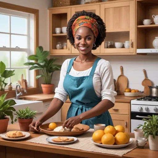 Prompt: Create an image depicting a dedicated homemaker in a cozy, well-organized home. Show the Africa homemaker engaged in  tasks such as , tidying up the living room Include elements that emphasize the care and effort put into creating a warm and inviting home environment, such as a beautifully set dining table, freshly baked goods, and vibrant plants. The scene should highlight the homemaker's multitasking abilities and the sense of pride and accomplishment that comes from maintaining a happy and comfortable household."