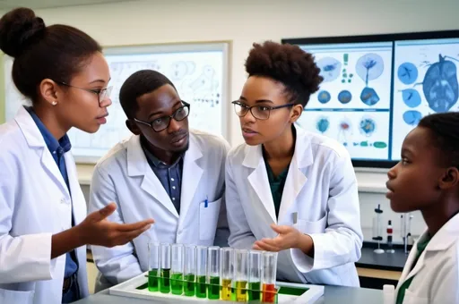 Prompt: ( African biology teacher explaining Basic Ecological Concepts to  young African students), 
in a modern biology lab, engaged in a deep conversation, (illustrative Growth system diagram) on the wall, (laboratory equipment) scattered on the table, both in (lab jackets), bright and clean environment, (energetic and collaborative atmosphere), crisp and detailed image, vibrant colors, (4K resolution), showcasing (scientific curiosity).