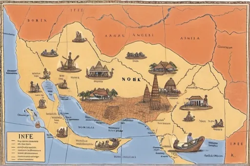 Prompt: "Illustrate a map of pre-colonial Nigeria highlighting key centers of civilization such as Ife, Benin, Nok, and Kanem-Bornu. Show these regions interconnected by trade routes and cultural exchanges. Depict symbols of their unique contributions, like terracotta sculptures from Nok, bronze works from Benin, and the ancient architecture of Ife. The image should convey a sense of shared history and interaction among these civilizations, with arrows or pathways illustrating the flow of ideas, goods, and cultural practices across the regions."