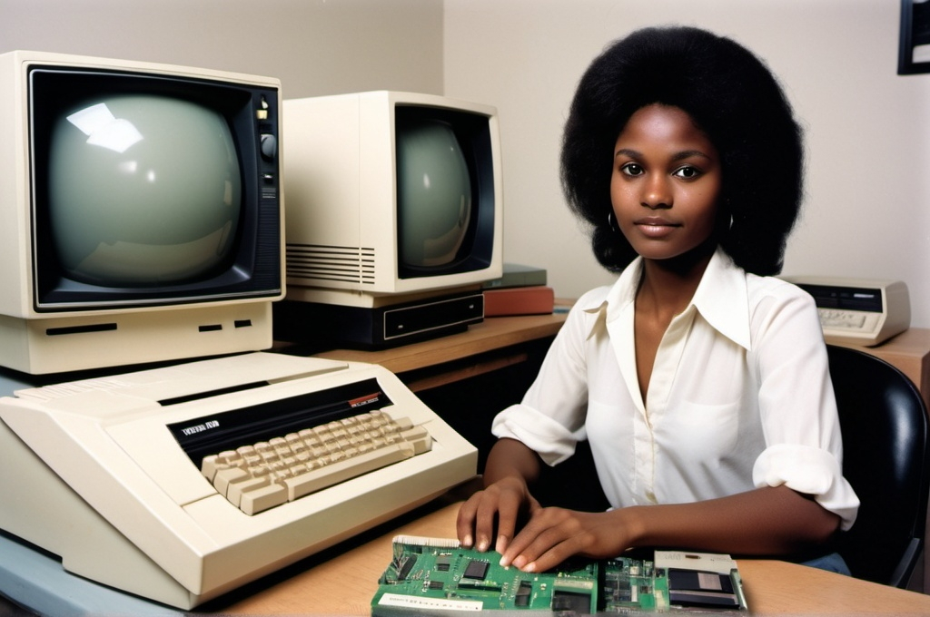 Prompt:  fourth generation (1970s-1980s) with microprocessor-based personal computers like the Apple II and IBM PC, featuring floppy disks and small office setups. with a young African woman