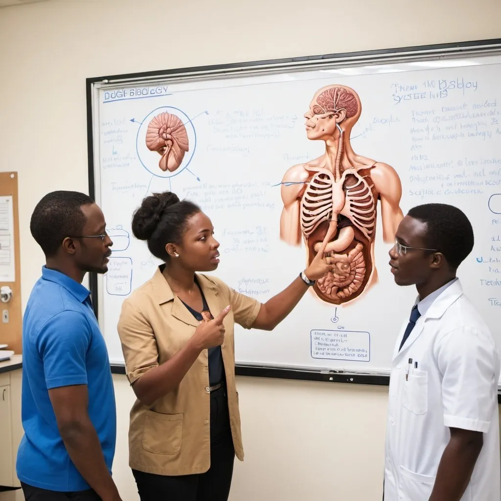 Prompt: African biology teacher explaining digestive systemin the biology lab to two African biology student male and female  and diagram of human digestive system  in the chat on the wall while the teacher is pointing  at  the chat other biology equipment in the lab environment 