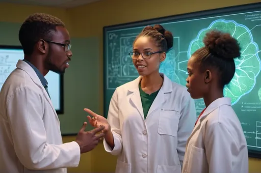 Prompt: modern biology lab scene, (African teacher) energetically explaining to two (African students) wearing lab jackets, (vibrant colors), detailed diagram of Energy Transformation in Nature on the wall, warm ambient lighting enhancing the educational atmosphere, engaging interaction filled with curiosity, ultra-detailed, high quality 4K image, convey excitement of learning in a contemporary scientific environment.