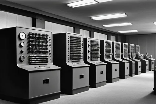 Prompt: "Create an image depicting the different generations of computers. Start with the first generation (1940s-1950s) featuring large vacuum tube computers, such as the ENIAC, occupying an entire room with operators using punch cards.