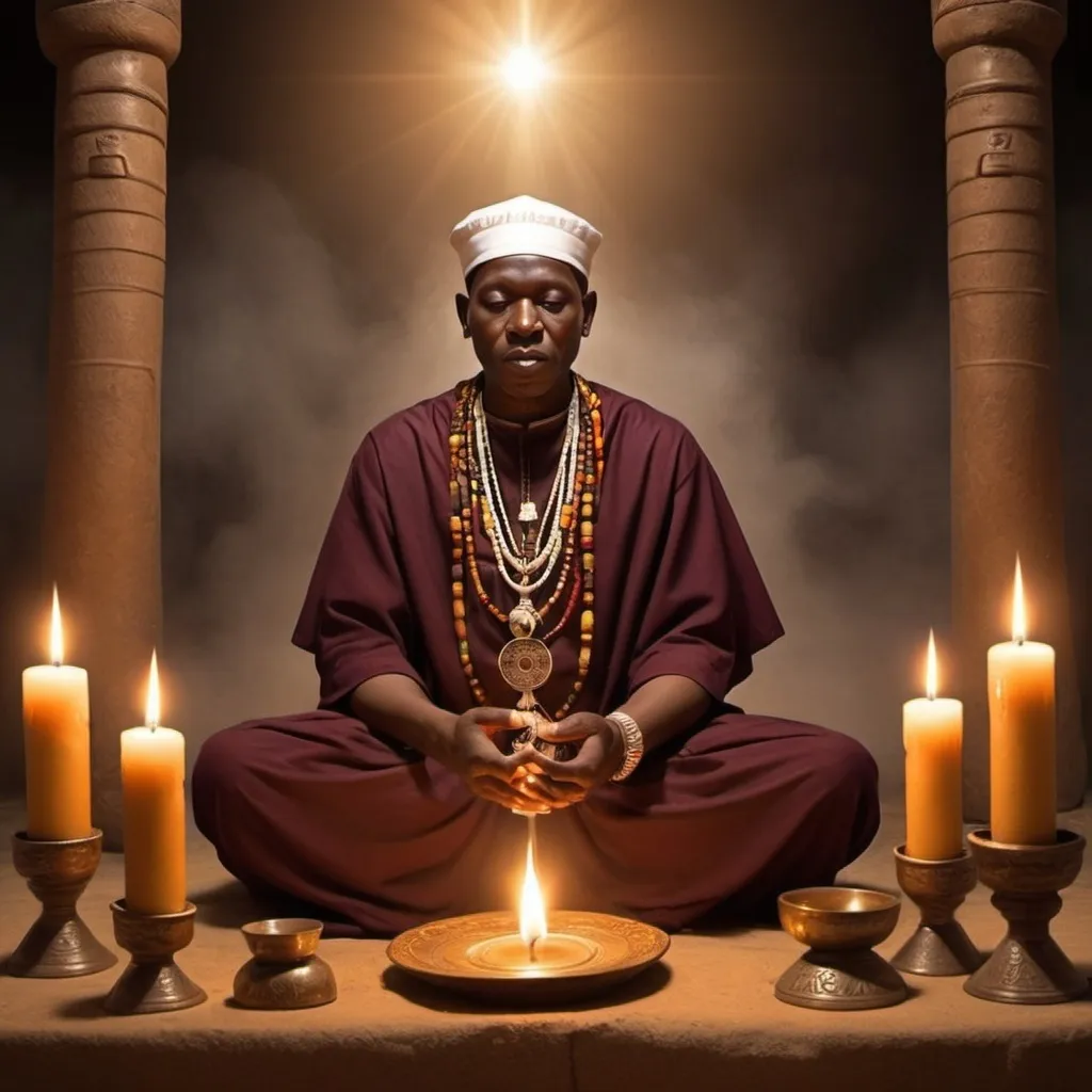 Prompt: Description: Illustrate a traditional priest or spiritual leader performing incantations and spiritual chants. The setting should be mystical with an aura of reverence and mystery.
Elements: Priest or leader with traditional attire, candles or sacred items, mystical symbols, an altar, and an ethereal glow. in african

