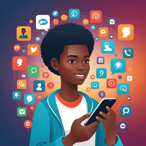 Prompt: Illustrate a person using a smartphone with various communication apps open on the screen, such as messaging, social media, and video call apps.
Elements: Modern smartphone, person engaged in communication, app icons visible, vibrant background suggesting connectivity, and digital interaction. africa 

