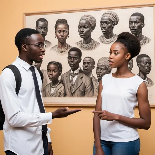 Prompt: African young teacher introducing history in the modern art class to young African student male and  Female caption of history in the chat in the wall  