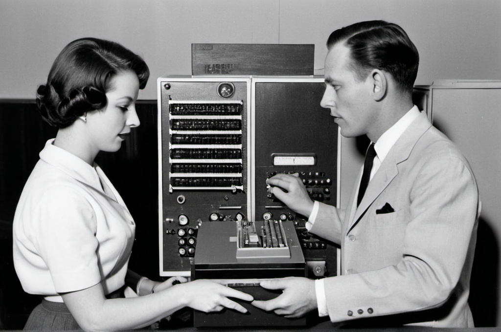 Prompt: Show the second generation (1950s-1960s) with smaller transistor-based computers like the IBM 1401, using magnetic tape storage. 