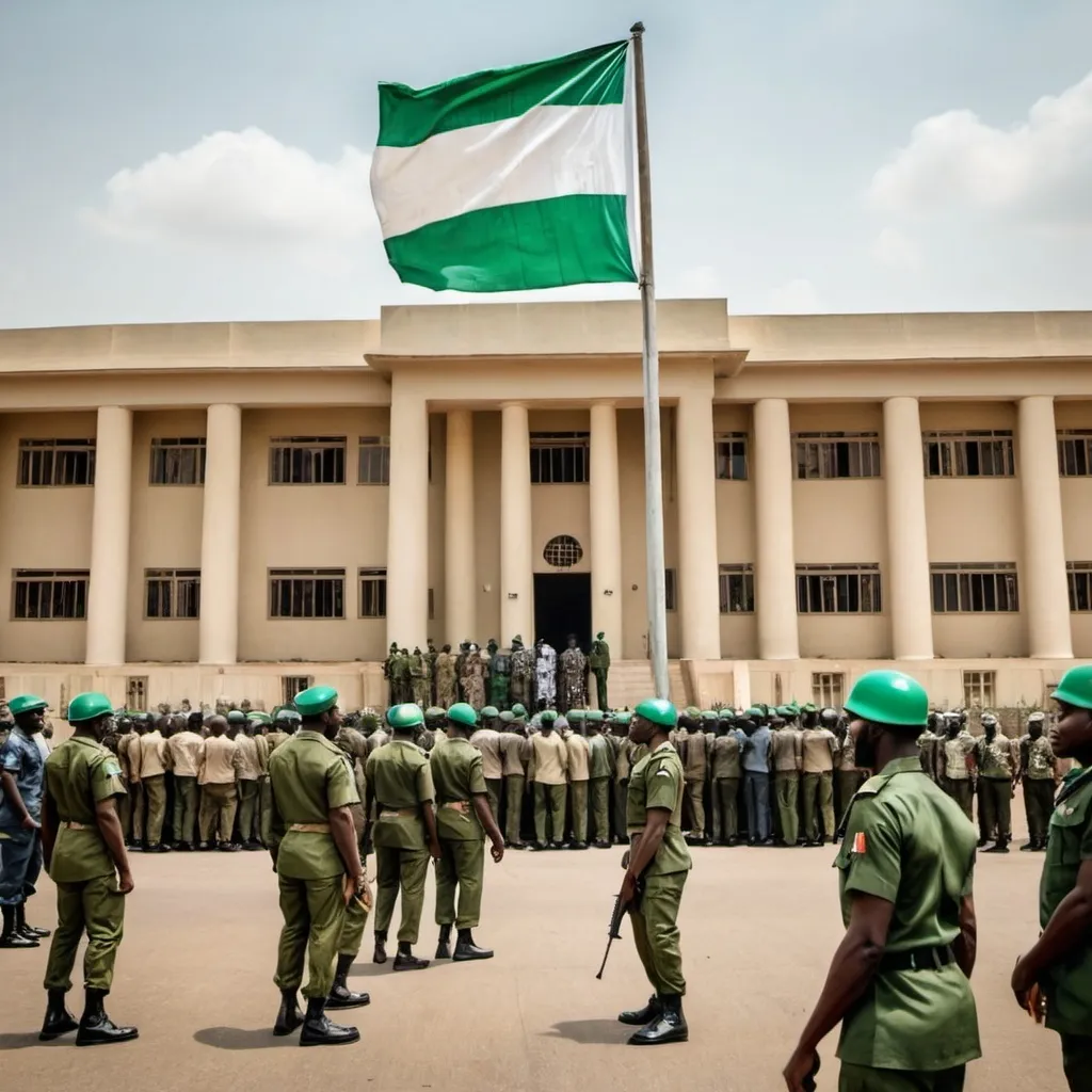 Prompt: "Depict a tense scene in Nigeria showing military personnel taking control of a government building, symbolizing a military intervention in politics. The image should include soldiers in uniform with weapons, political leaders being escorted or under duress, and a backdrop that represents a government setting in Nigeria, such as a Nigerian flag or the exterior of an official government building.