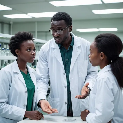 Prompt: African teacher in a modern biology lab explaining the concept of Ecosystem to two African biology students wearing lab jacket