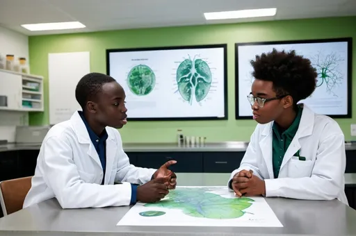 Prompt: two young African student discussing Ecology in the modern biology lab with a chat that illustrate Ecology system at the wall and other biology  lab on a table wearing lab jacket


