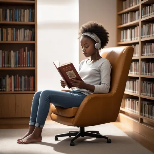 Prompt: Create an image that illustrates good reading posture. Depict An African young girl sitting in a comfortable chair with their back straight and supported, feet flat on the floor, and knees at a right angle. The person should be holding a book or tablet at eye level, with elbows slightly bent and relaxed. The environment can be a cozy study room or library, with good lighting focused on the reading material. Include elements that emphasize the proper alignment of the spine, neck, and shoulders, ensuring the person looks comfortable and engaged in their reading."