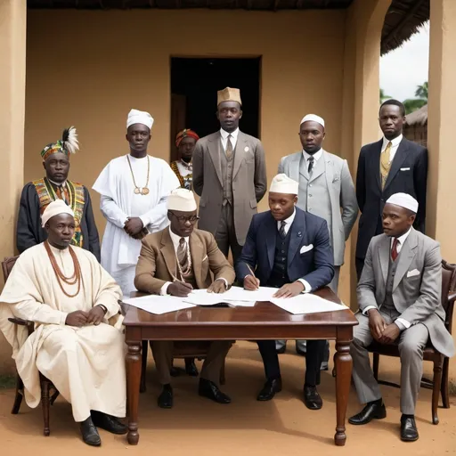 Prompt: "A historical scene depicting British colonial officials, dressed in early 20th-century attire, seated at a table in a traditional Nigerian setting, surrounded by African local leaders in their traditional attire. The British officials are holding documents and maps, symbolizing the imposition of colonial laws and governance. The local leaders appear subdued or in passive agreement, reflecting the lack of power under direct rule. In the background, a blend of colonial-style buildings and traditional African huts represents the merging of the two cultures under colonial rule."