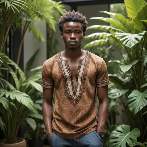 Prompt: A cinematic photograph of a youthful African man, likely in his early twenties, standing confidently in his modern surrounded by lush greenery,  his dark brown skin glowing with a sense of ease, wearing a casual yet stylish outfit, perhaps a vibrant dashiki or a trendy African-print t-shirt, complemented by distressed denim jeans, his hands resting in his pockets, exuding a sense of comfort and ownership, as he gazes softly into the distance, with the sleek lines of his modern furniture, African art pieces, and lush plants blurred in the background, creating a sense of depth and dimensionality, all captured in a 2:3 aspect ratio with a shallow depth of field, emphasizing the subject's presence in his environment.