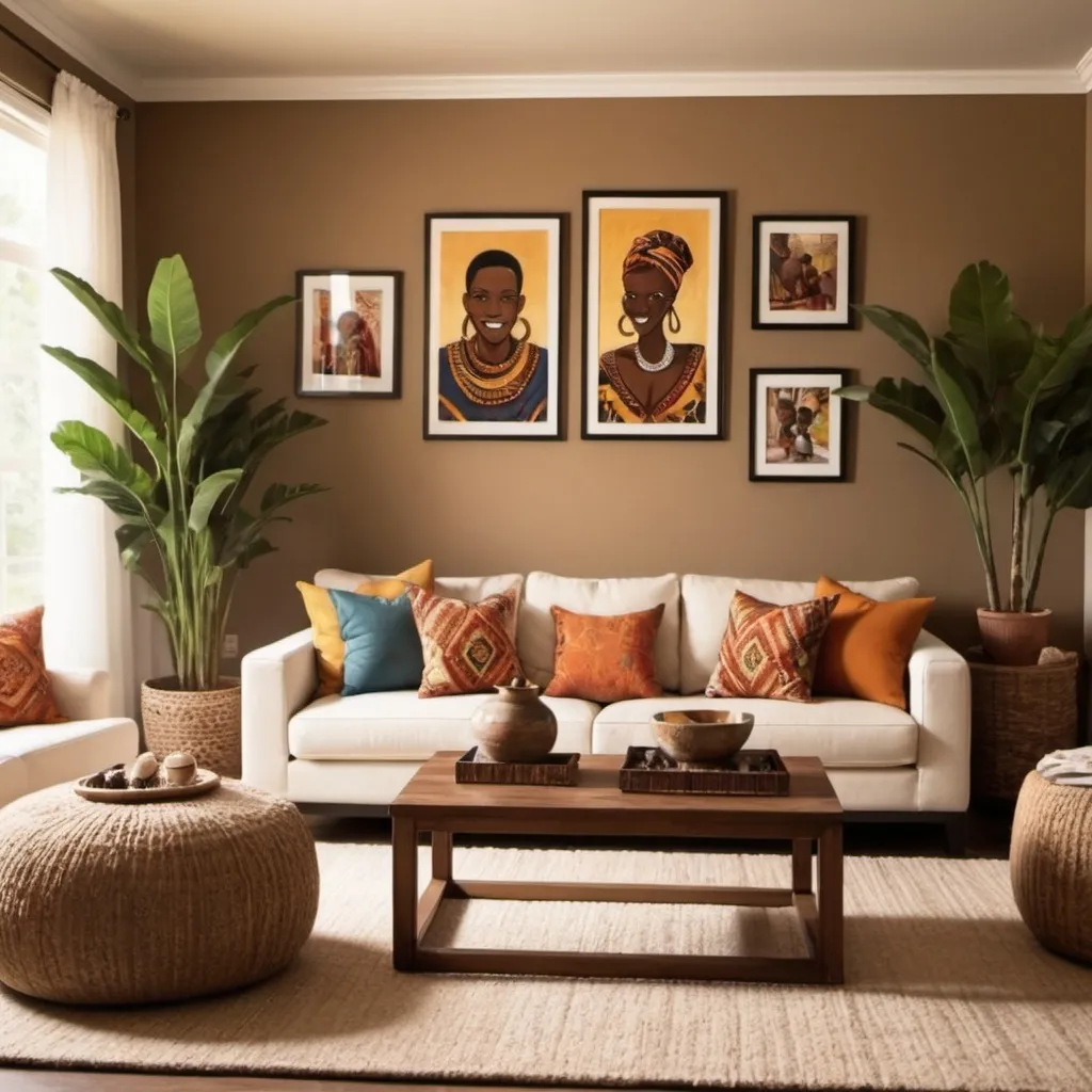 Prompt: "Create an image depicting a warm, inviting African home, highlighting the essence of family life. Show a cozy living room where family members engage in various activities together, such as playing games,  The room should exude a sense of love, joy, and togetherness, with comfortable furniture, cultural decorations, and family photos on the walls. Include elements that emphasize relaxation and ease, such as a soft rug, cushions, and warm lighting. The image should capture the home as a supportive environment where family members can connect, collaborate, and support each other."