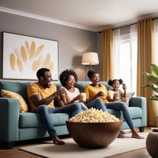 Prompt: Design an image that captures a joyful family moment of entertainment in the home. Depict a modern living room where African family of mother, father and two children male and female are engaging in various activities. watching a movie together on a large screen TV, laughing and enjoying popcorn. showing excitement and friendly competition. Include elements like a cozy sofa, a coffee table with snacks, and vibrant decorations to create a lively and welcoming atmosphere. The scene should evoke a sense of togetherness, relaxation, and fun.