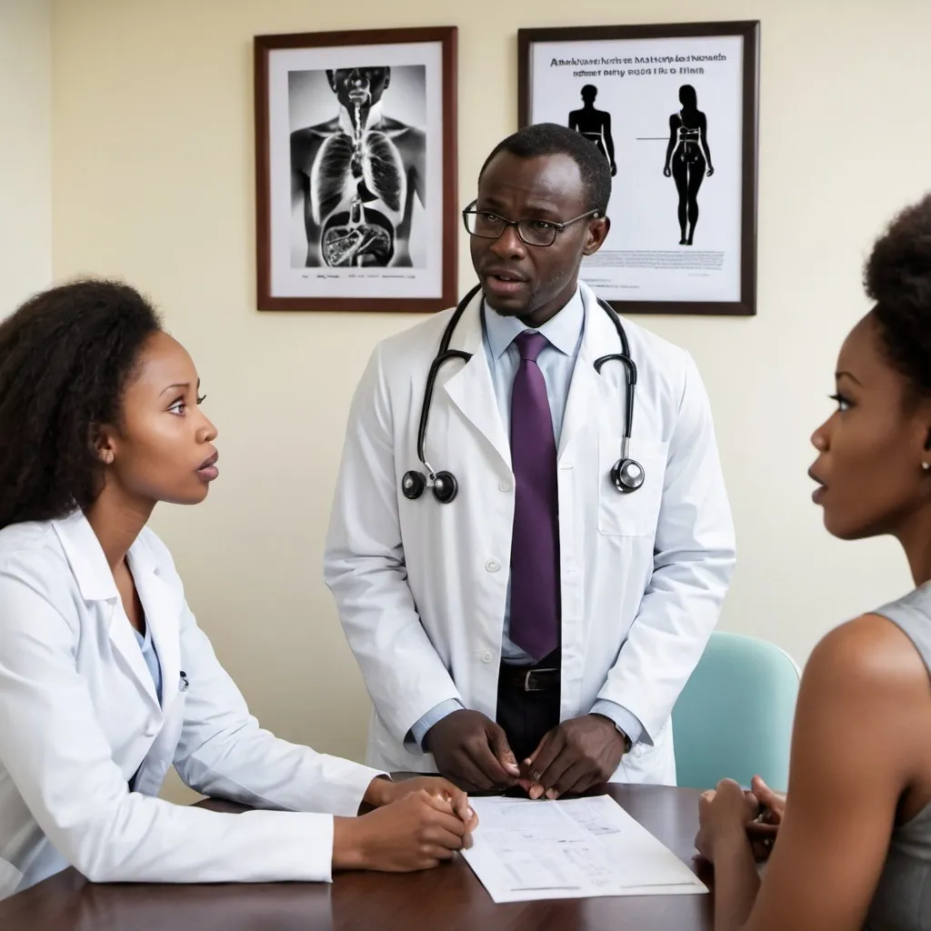 Prompt: African doctor explain the effect of Abstinence to a female patience in the office, the background showing a picture for abstinence in the frame on the wall of his office
