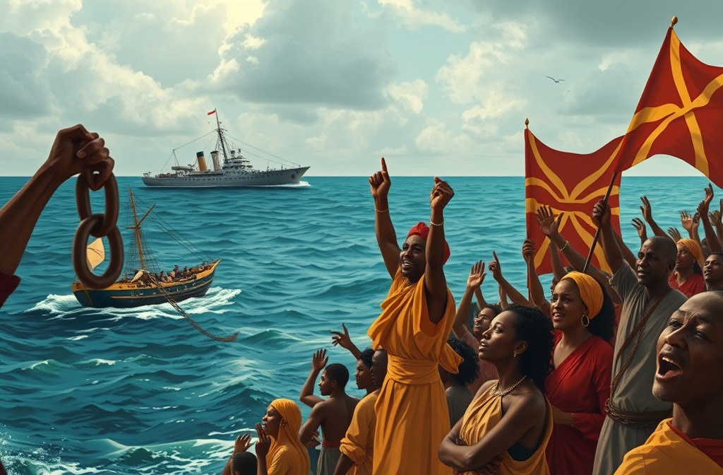 Prompt: "Design a powerful scene illustrating the abolition of the Trans-Atlantic slavery and slave trade in Africa. The image should depict a symbolic moment of liberation, with African men, women, and children breaking free from chains. In the background, show a British naval ship patrolling the Atlantic Ocean, signifying the enforcement of the abolition laws. Include African leaders and abolitionists rallying together, with banners proclaiming freedom and justice. The image should convey a strong sense of hope, resilience, and the turning point in history as the inhumane practice of slavery is brought to an end."