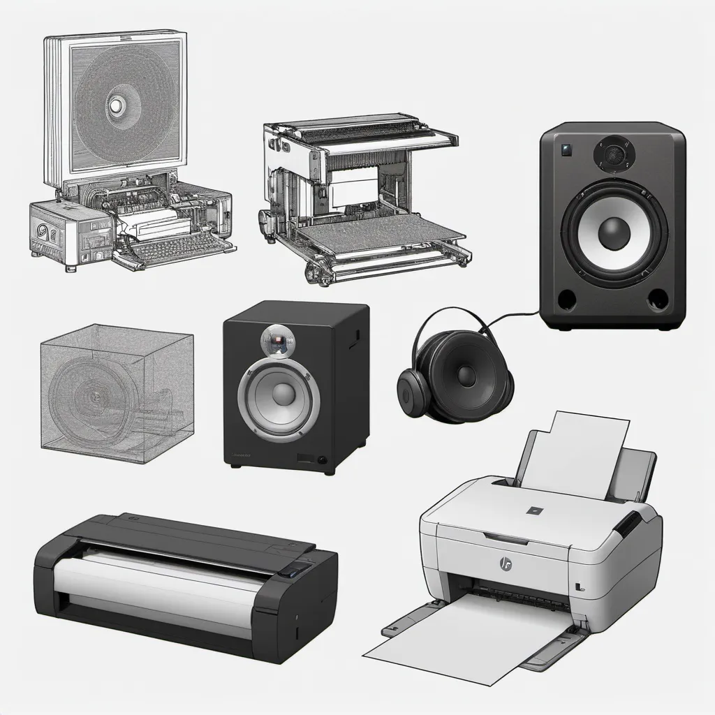 Prompt: generate a picture of printers, speakers, headphones, projectors, and plotters. 