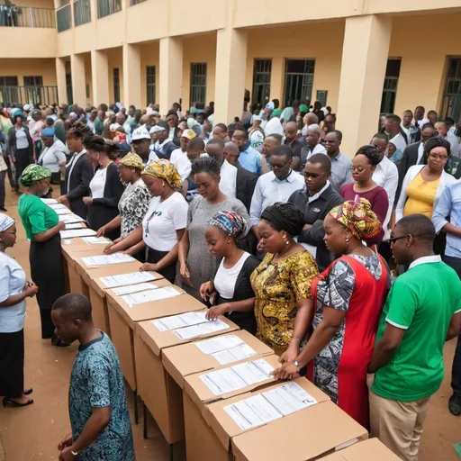 Prompt: "An image depicting a busy polling station with people of various backgrounds lining up to vote, ballot boxes prominently displayed, election officials assisting voters, and campaign posters for different candidates visible in the background. The setting should evoke a sense of civic duty, participation, and the democratic process, highlighting the importance of elections in choosing representatives. inn African Nigeria