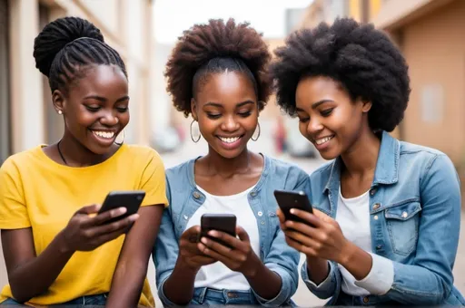 Prompt: African young females  using smartphones and tablets for communication, social media, and entertainment. 