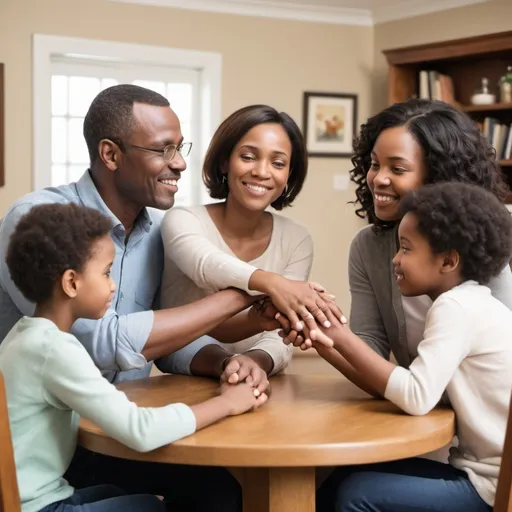 Prompt: "Create an image that portrays an family in the process of resolving a conflict. Show African family members, including parents and children, sitting together in a living room or around a dining table, engaged in a calm and open discussion. Depict body language that conveys understanding, empathy, and active listening, with some members offering comforting gestures like holding hands or a gentle touch on the shoulder. The setting should be warm and inviting, with elements like soft lighting and comfortable furniture, symbolizing a safe space for honest communication. Include subtle visual cues such as a peace symbol or a family photo in the background to reinforce the theme of unity and resolution."